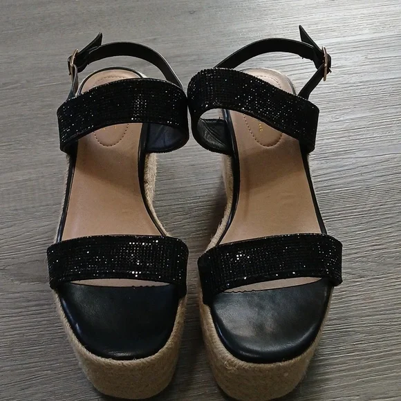 Comfort Est 1945 Black Jeweled Strap Espadrille Wedge Sandals Sz 8M NWT - Picture 2 of 12